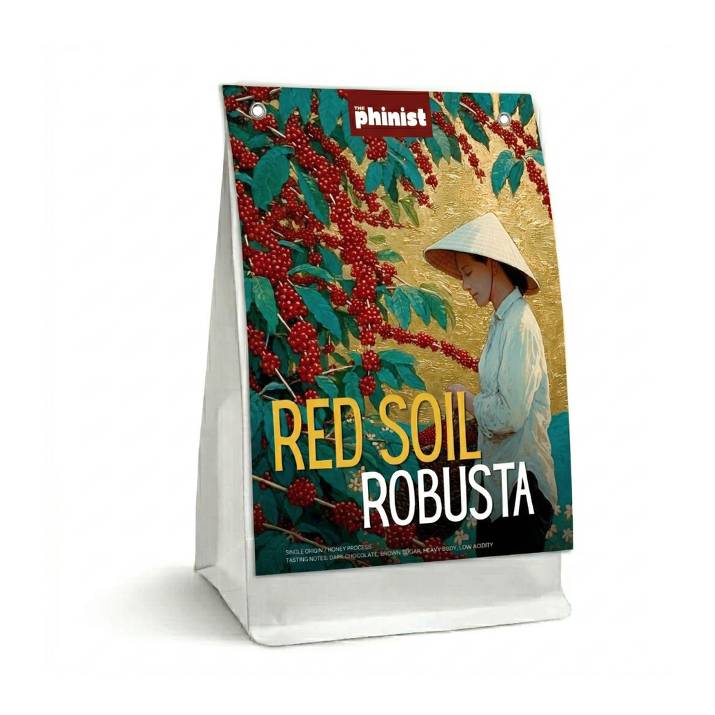 Coffee bag with 'Red Soil Robusta' text and a farmer in a hat on a colorful background