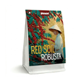 Coffee bag with 'Red Soil Robusta' text and a farmer in a hat on a colorful background