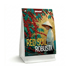 Coffee bag with 'Red Soil Robusta' text and a farmer in a hat on a colorful background