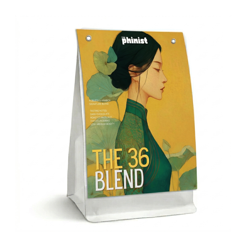 Coffee bag with a design of a woman's profile and 'The 36 Blend' text on a yellow background