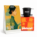 Phinist coffee packaging with a woman's face on the label and a black coffee cup on a red stand.